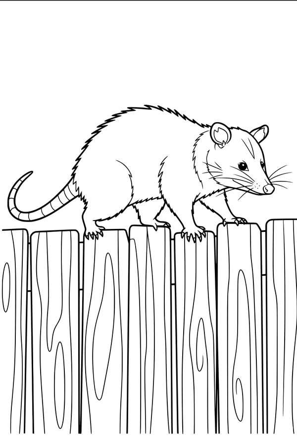 Free Opossum Coloring Page - Midnight Walker on a Wooden Fence (Printable PDF)