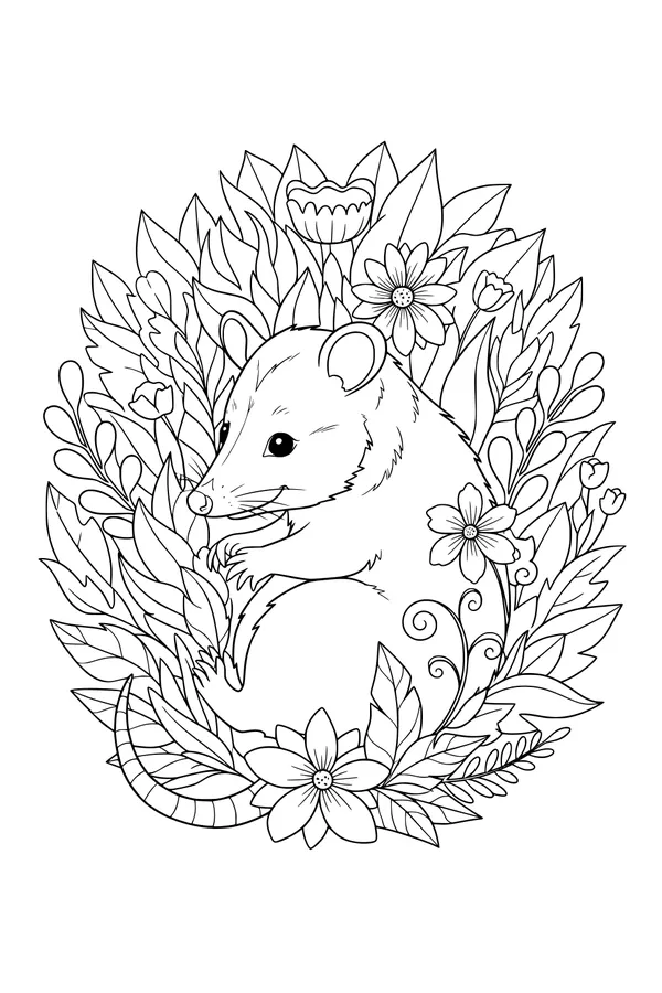 Free Opossum Coloring Page - Sleepy Opossum in Flower Forest (Printable PDF)