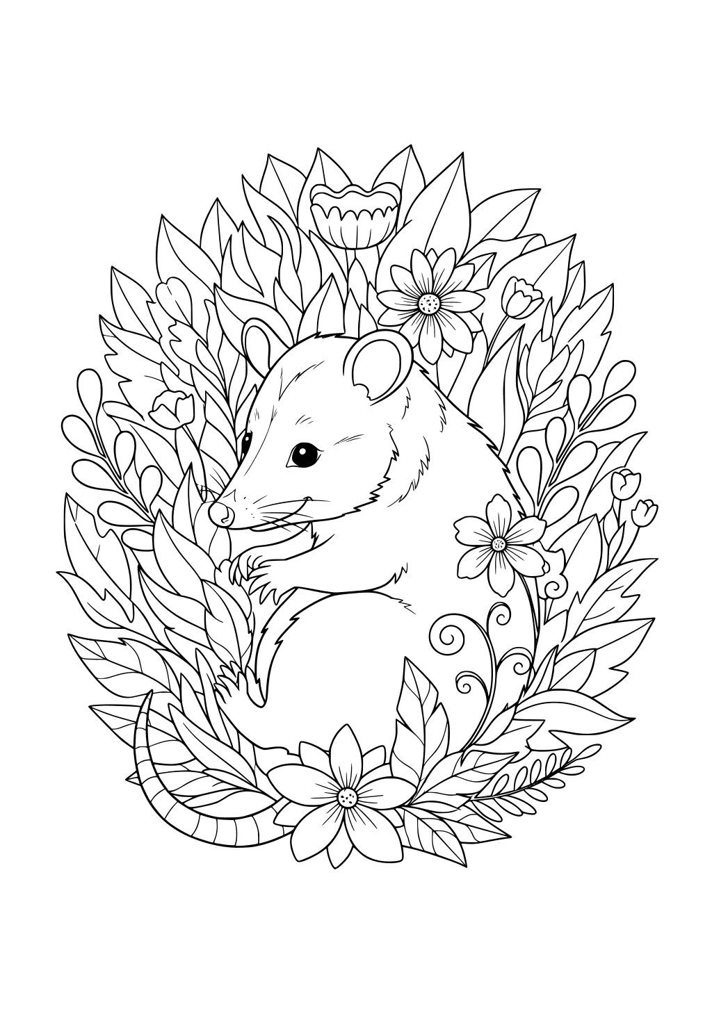 Opossum curled up in the center of detailed leaves, vines, and flowers with a gentle expression and twirling tail.