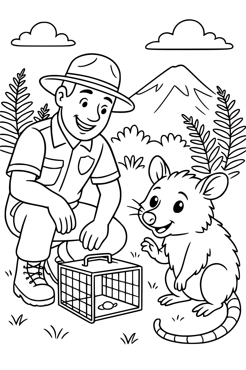 Park ranger kneeling beside a smiling opossum with an animal carrier, ferns, mountains, and clouds in the background.