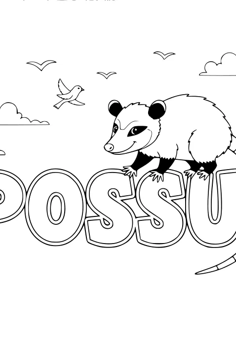 Free Opossum Coloring Page - Cute Cartoon With Word Art (Printable PDF)