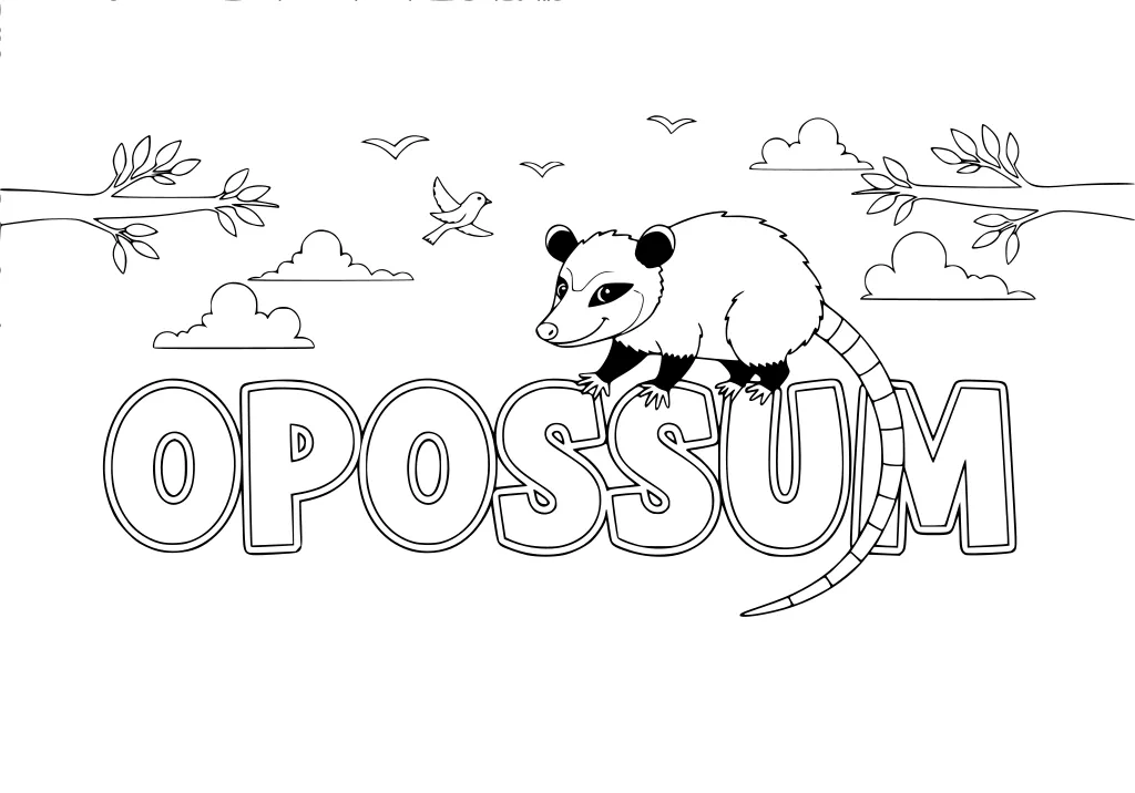 Cartoon opossum on large outlined letters with clouds, tree branches and birds in the background.