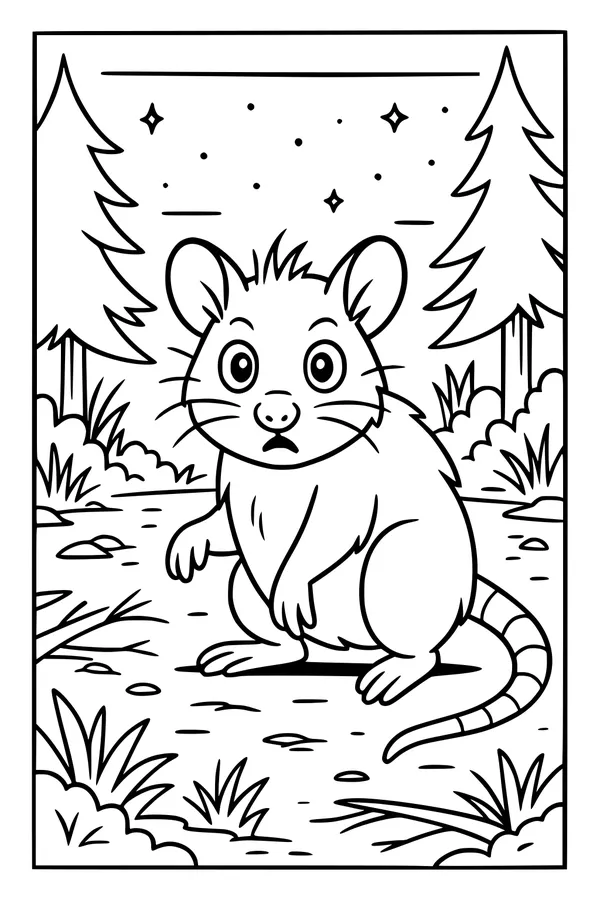 Free Opossum Coloring Page - Cute Nighttime Forest Scene (Printable PDF)