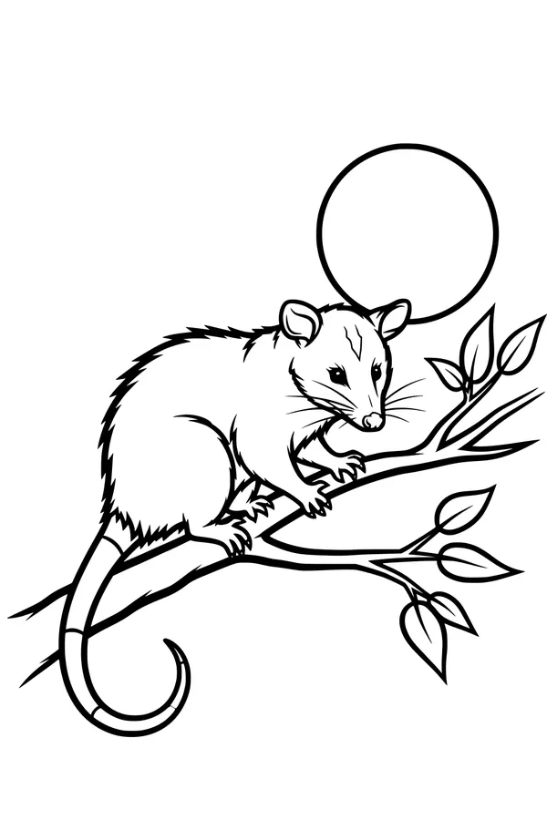 Free Opossum Coloring Page - Moonlit Branch Forest Scene (Printable PDF)