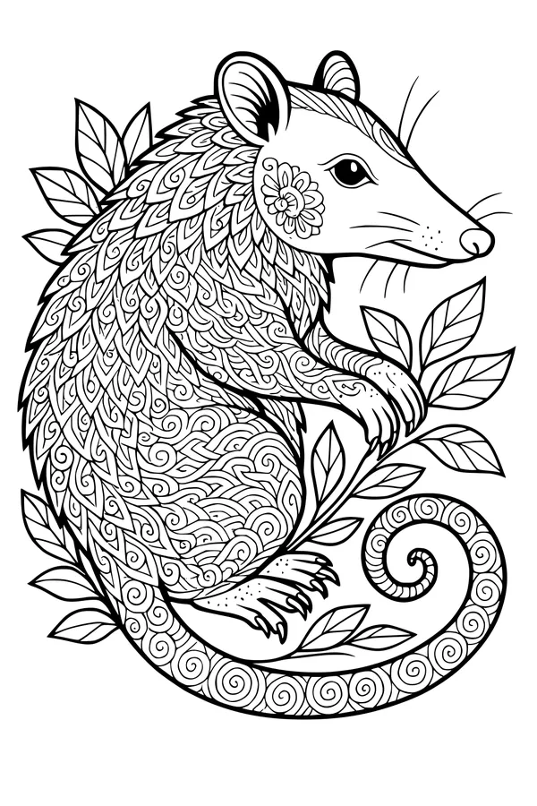 Free Opossum Coloring Page - Patterned Opossum in Leafy Garden (Printable PDF)