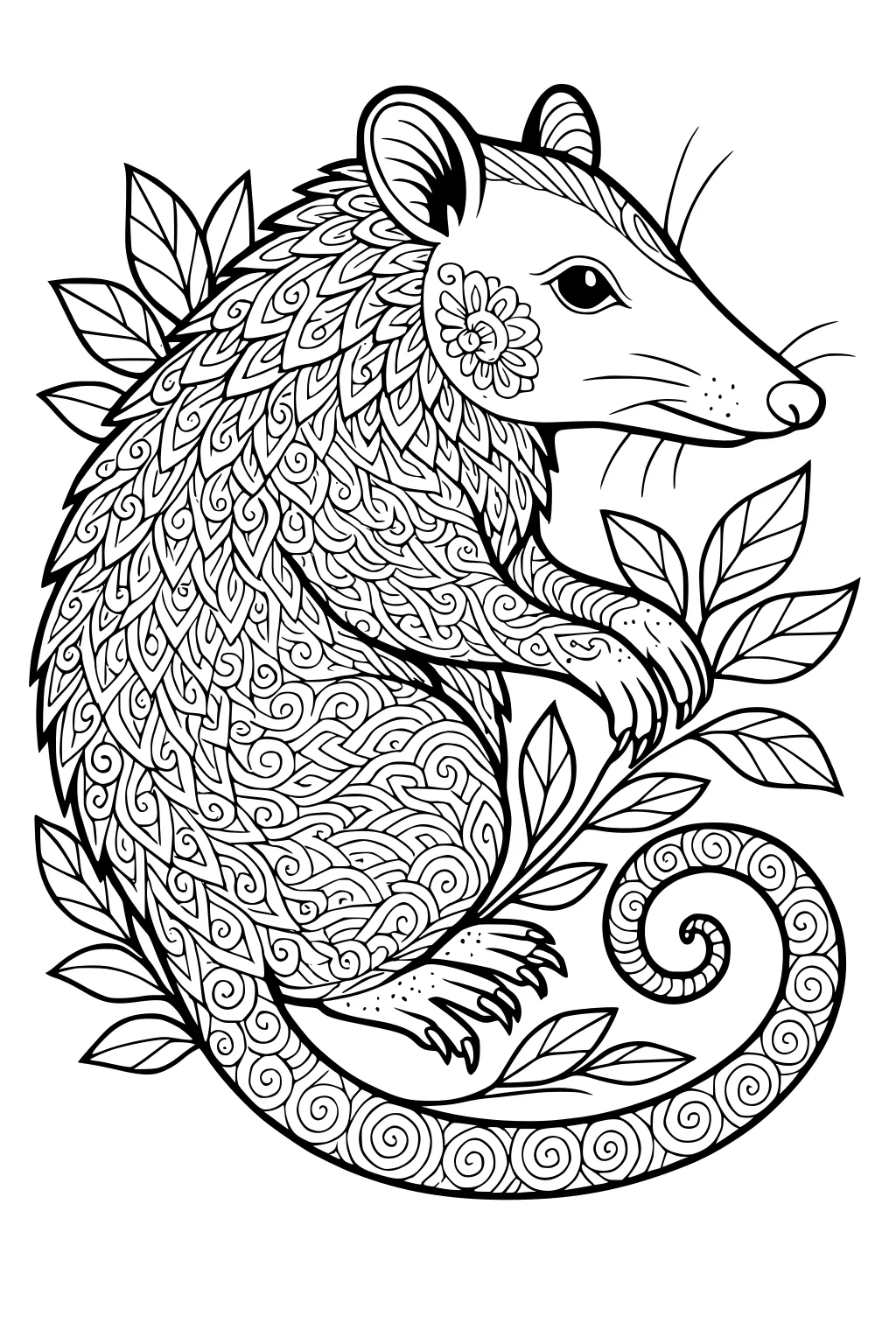 Patterned opossum surrounded by leaves, with detailed fur and a curled, spiral tail.