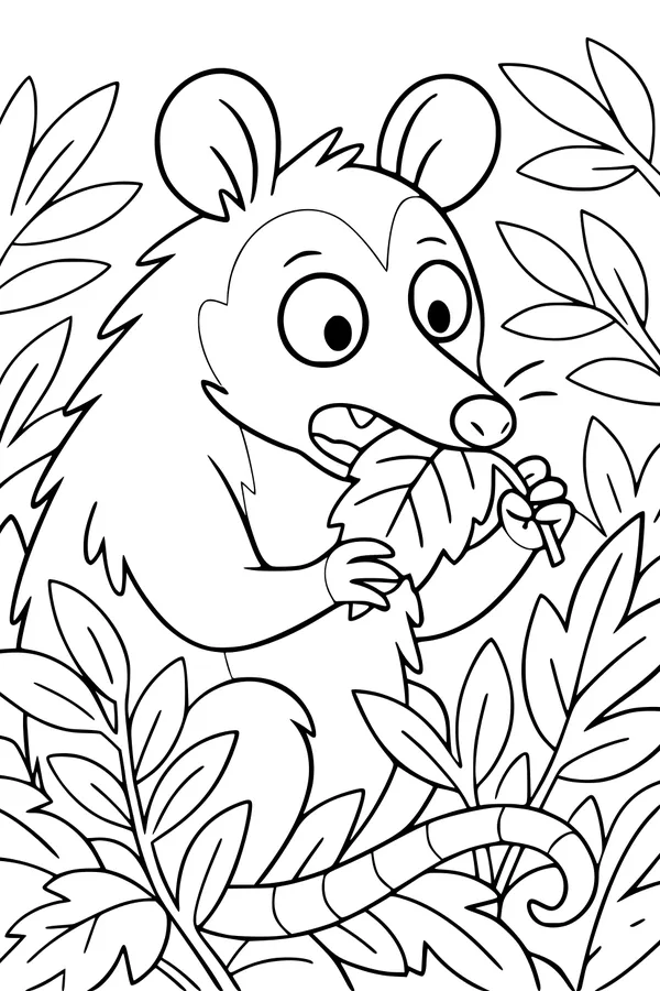 Free Opossum Coloring Page - Cute Cartoon Nibbling a Leaf (Printable PDF)