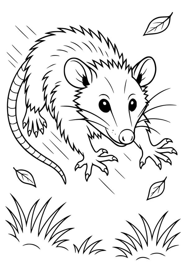 Free Opossum Coloring Page - Leaping in Tall Grass (Printable PDF)