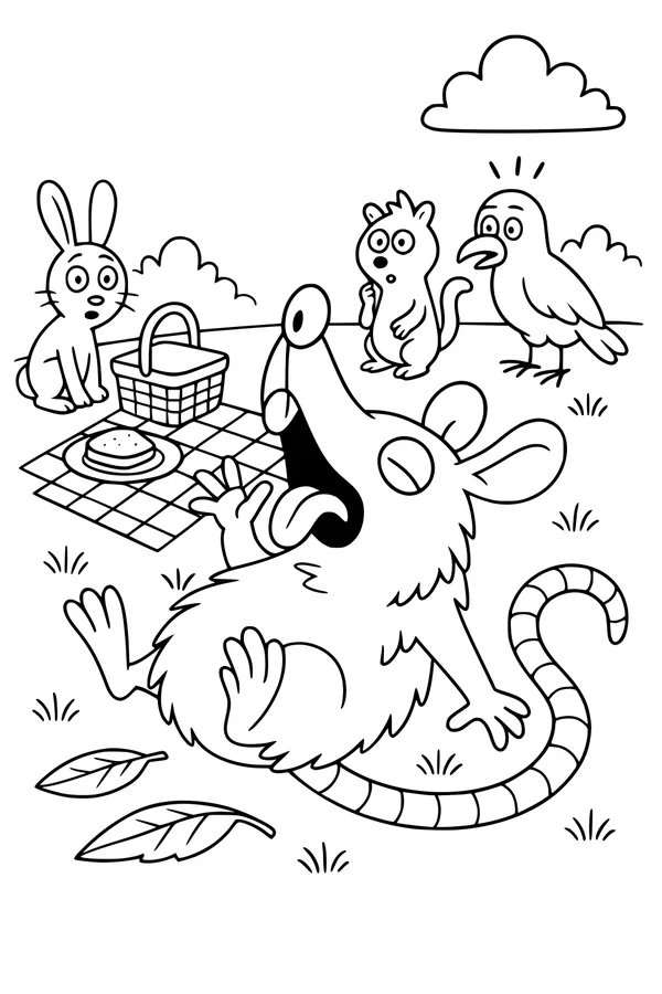 Free Opossum Coloring Page - Funny Picnic Prank Scene (Printable PDF)