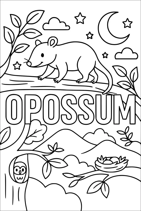 Free Opossum Coloring Page - Moonlit Treetop Forest Scene (Printable PDF)