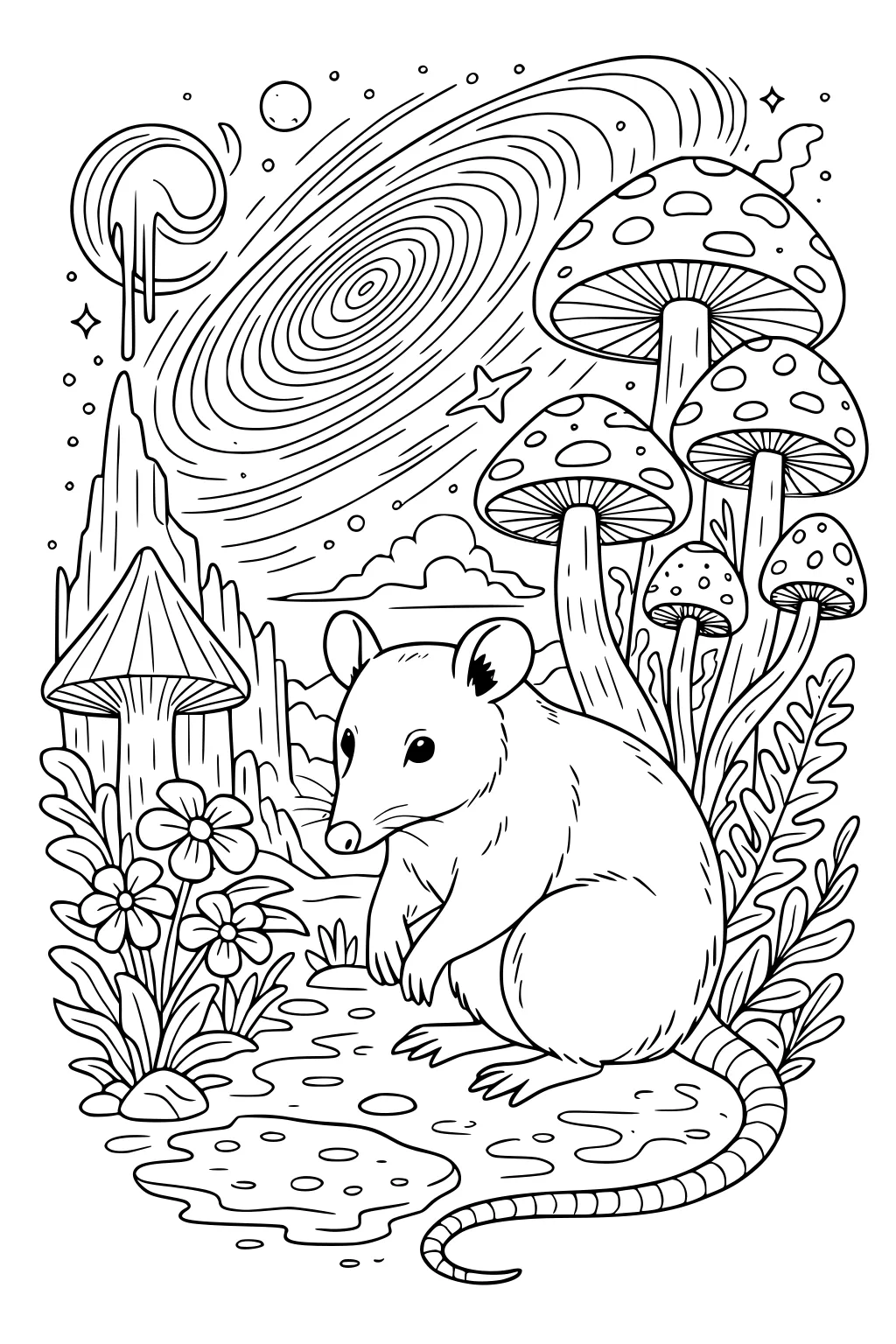 Opossum sits by a pond with tall mushrooms, wildflowers, plants, swirly sky, stars, and hills in the background.