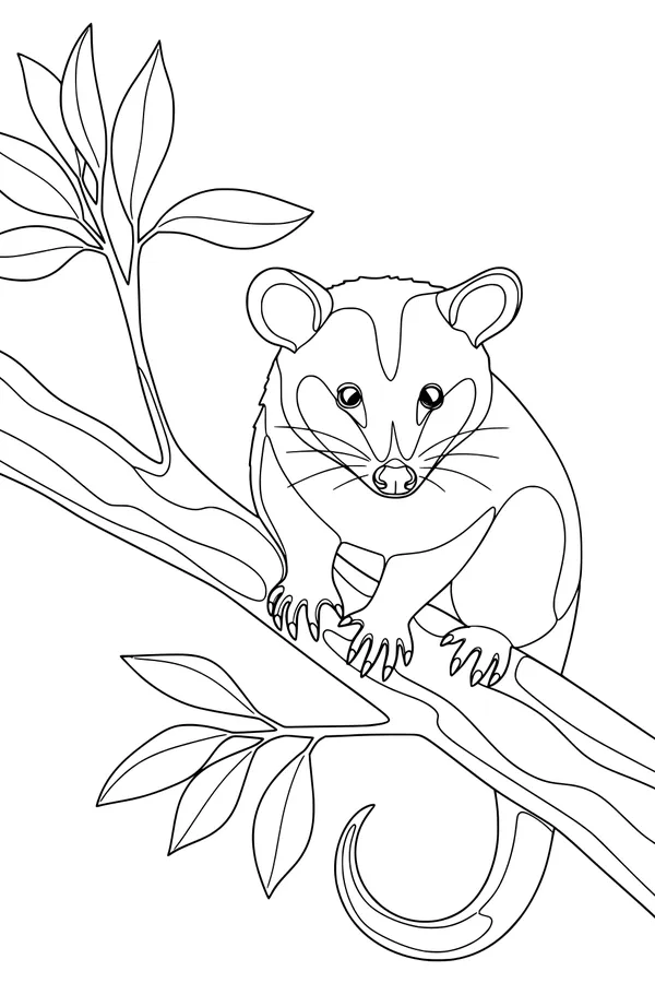 Free Opossum Coloring Page - Leafy Tree Branch Hideout (Printable PDF)