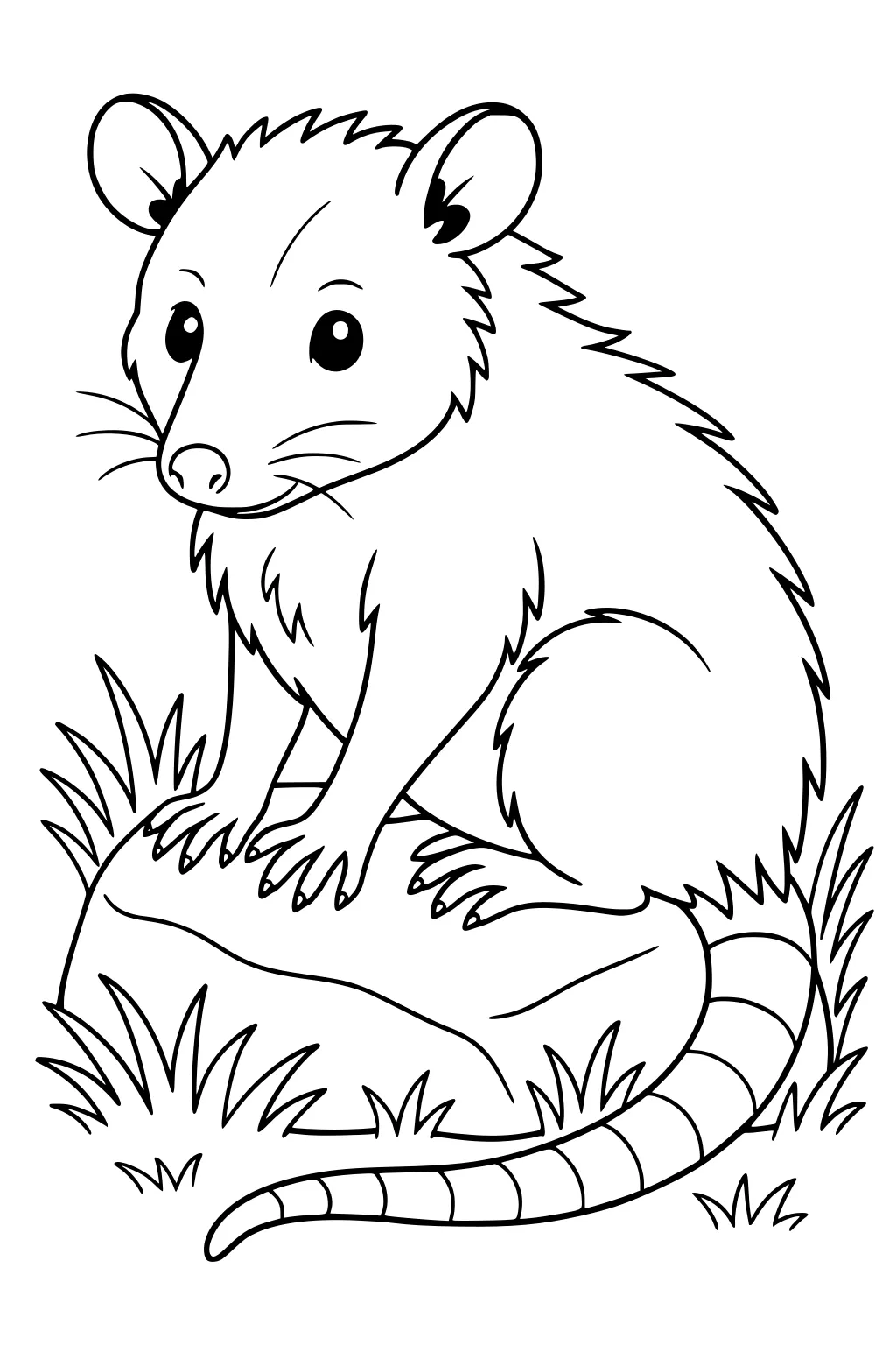Fluffy opossum sitting on a rock with grass around, long striped tail, big ears, and dark eyes.