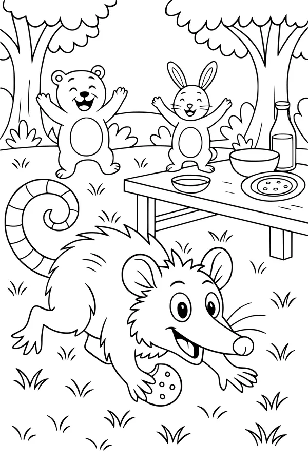 Free Opossum Coloring Page - Picnic Surprise with Forest Friends (Printable PDF)
