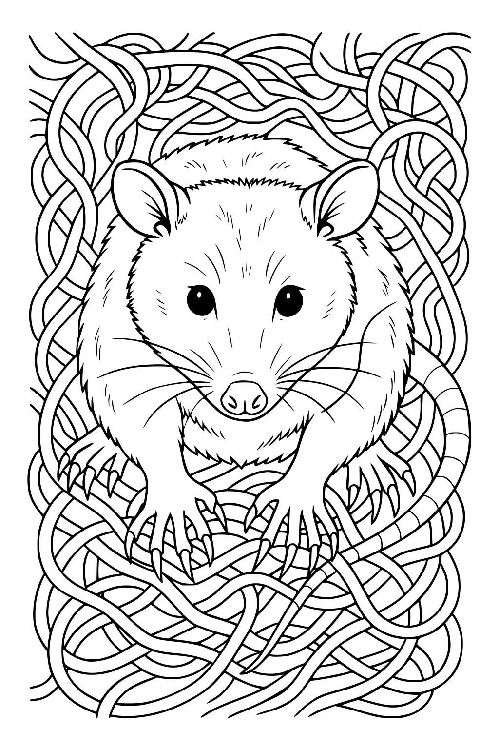Opossum in a nest of twisted branches, looking forward with large eyes and outstretched paws.