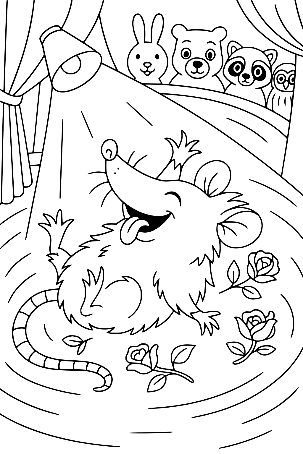 Opossum performing on stage under spotlight with bunny, bear, raccoon, and owl watching from behind curtain.