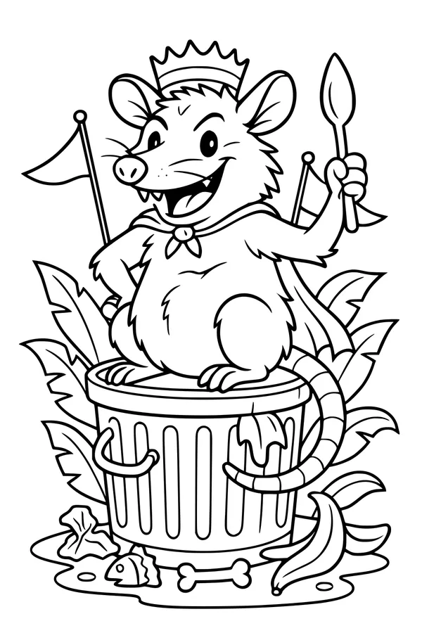 Free Opossum Coloring Page - Royal Trash Can Feast (Printable PDF)