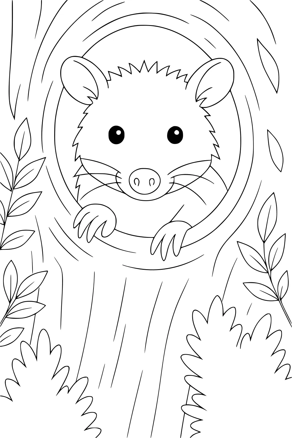 Opossum peeks out of a round hole in a tree trunk, with leafy branches and bushes all around.