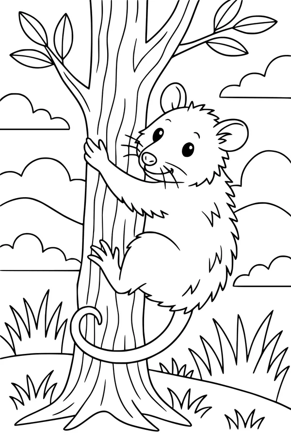 Free Opossum Coloring Page - Little Opossum in a Sunny Forest (Printable PDF)