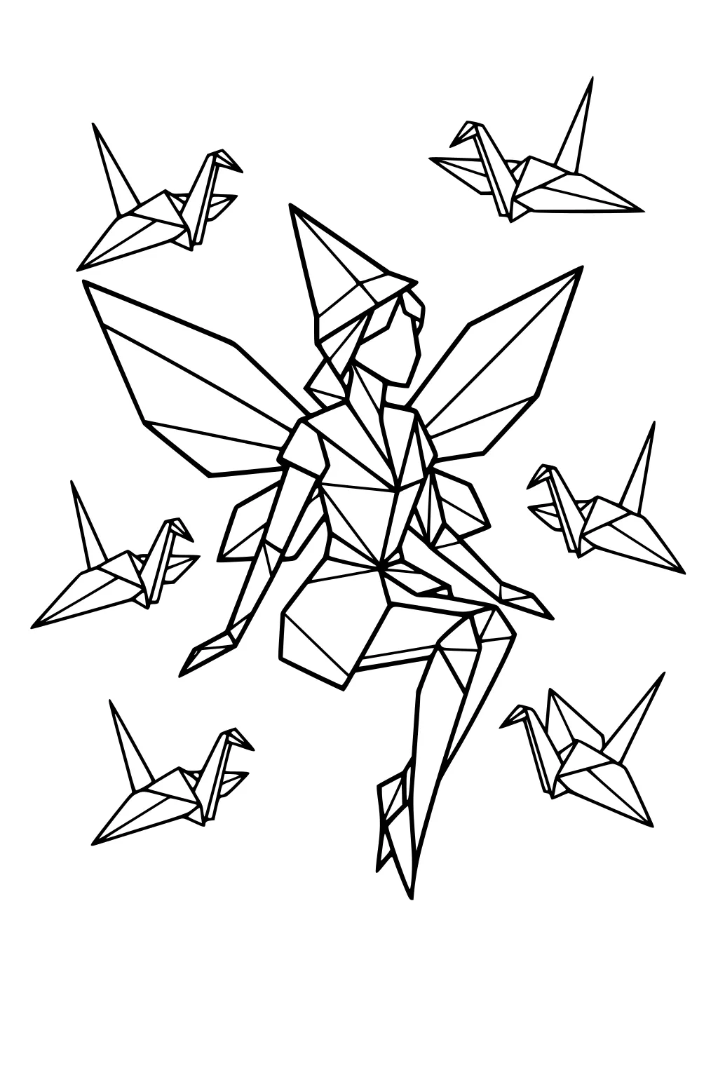 Geometric fairy girl with pointed hat and crystal wings, surrounded by six origami cranes, sitting midair with angular dress.