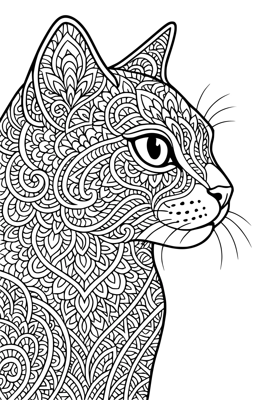 Side view of a cat covered with intricate paisley and floral patterns, with big ears and a clear, alert eye.