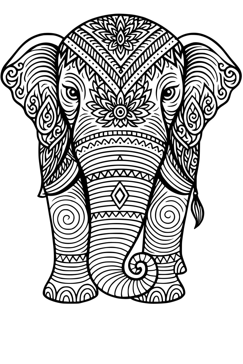 Intricately patterned elephant with swirls, flowers, diamonds and zig zags on trunk, ears, and forehead, trunk curled under.