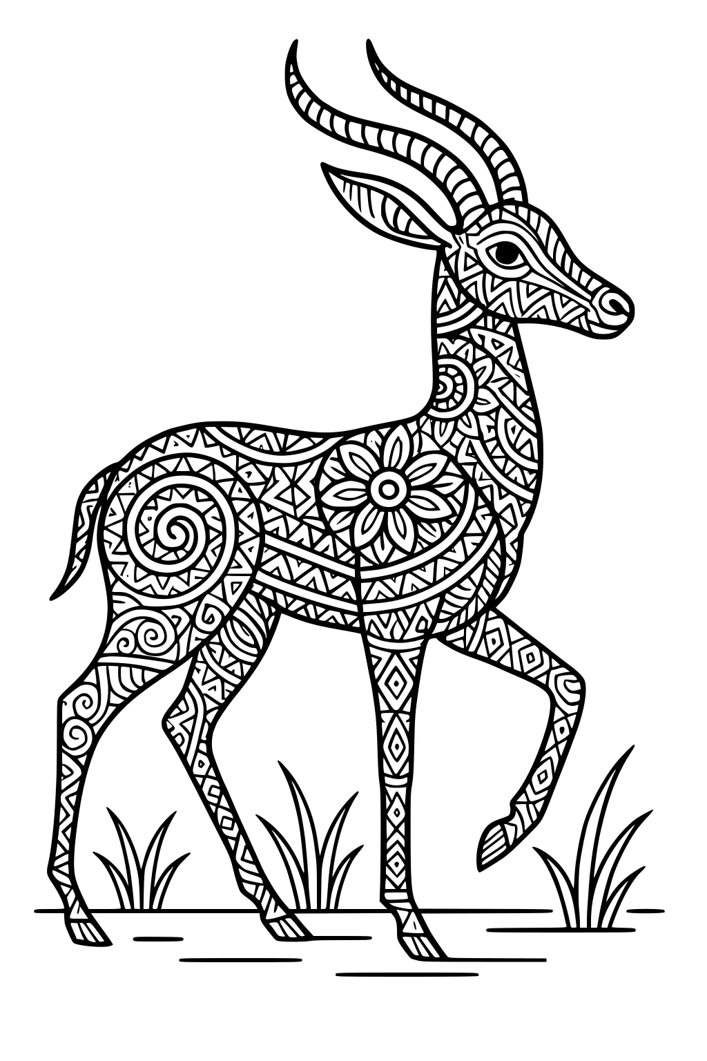 Gazelle antelope standing on grass with swirly horns and intricate flower and swirl patterns on her body.