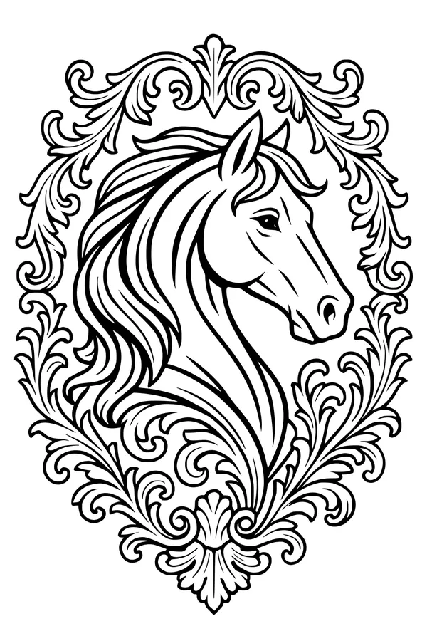 Free Horse Coloring Page - Fancy Portrait in Ornate Swirly Frame (Printable PDF)