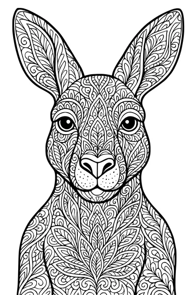 Free Kangaroo Coloring Page - Fancy Ears With Leaf Patterns (Printable PDF)