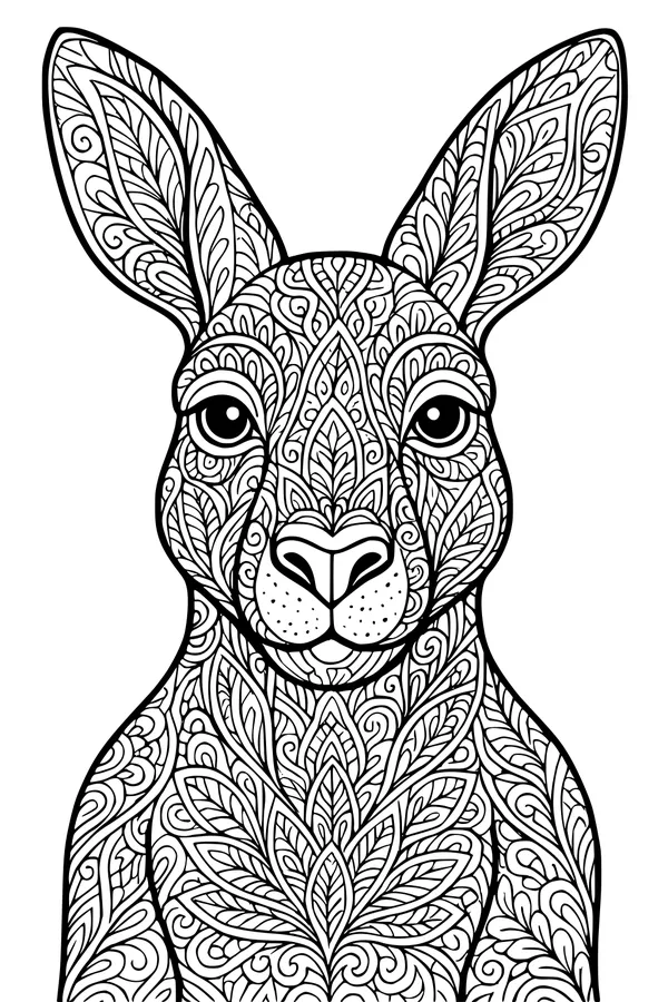 Free Kangaroo Coloring Page - Fancy Ears With Leaf Patterns (Printable PDF)