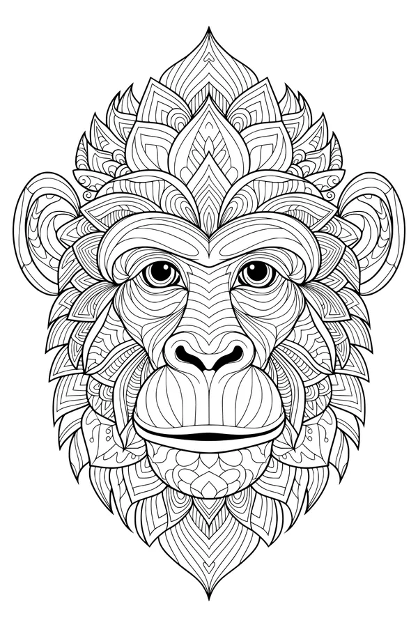 Free Monkey Coloring Page - Patterned Jungle Face Design (Printable PDF)