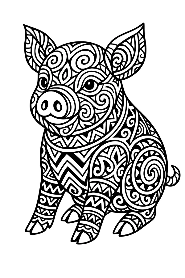 Free Pig Coloring Page - Swirly Patterned Piglet Sitting Forward (Printable PDF)