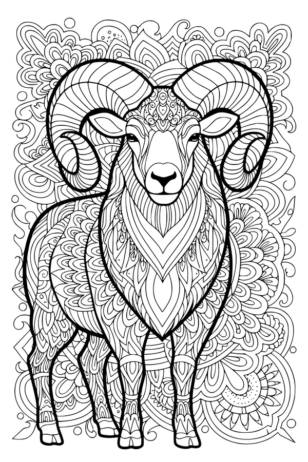 Free Ram Coloring Page - Majestic Horns and Swirling Meadow (Printable PDF)