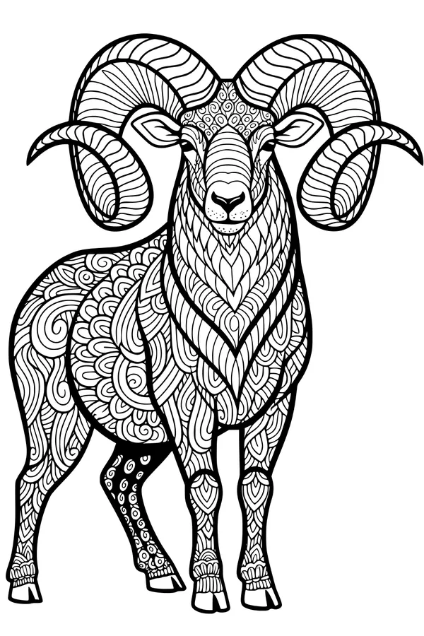 Free Sheep Coloring Page - Swirly-Horned Patterned Wool Design (Printable PDF)