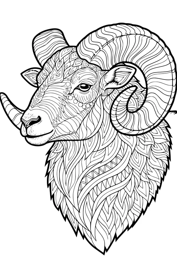Free Ram Coloring Page - Swirly Horns And Patterned Wool (Printable PDF)