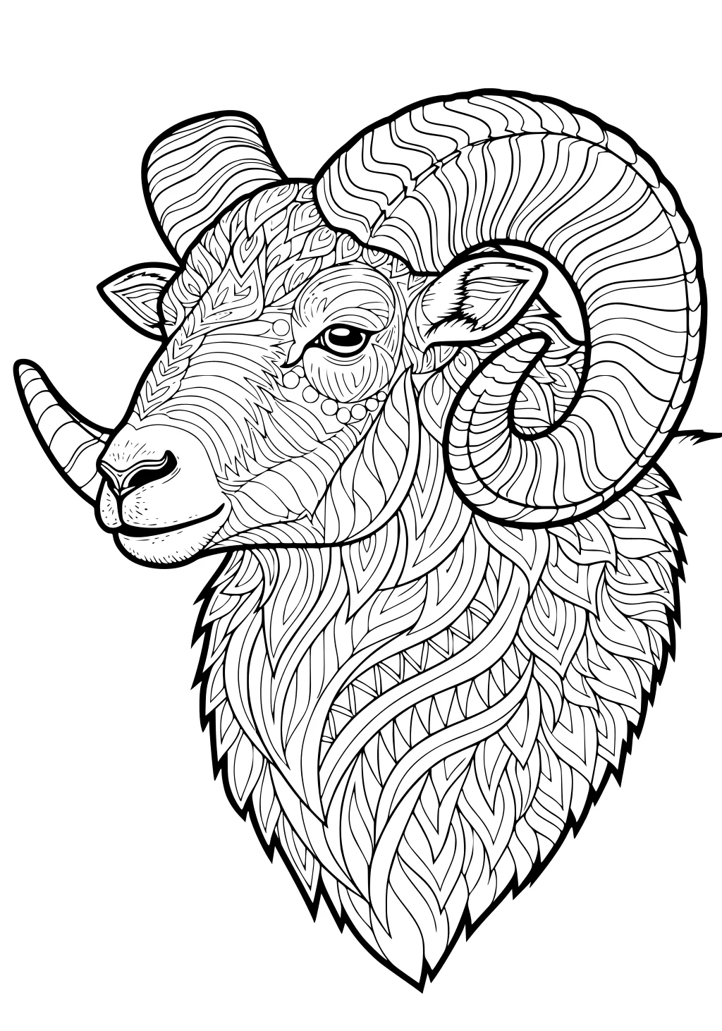 Ram with large spiral horns and patterned wool, decorated with many swirly lines and shapes.