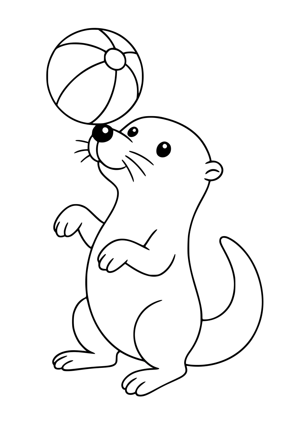 Otter standing upright balancing a striped beach ball on the tip of her nose