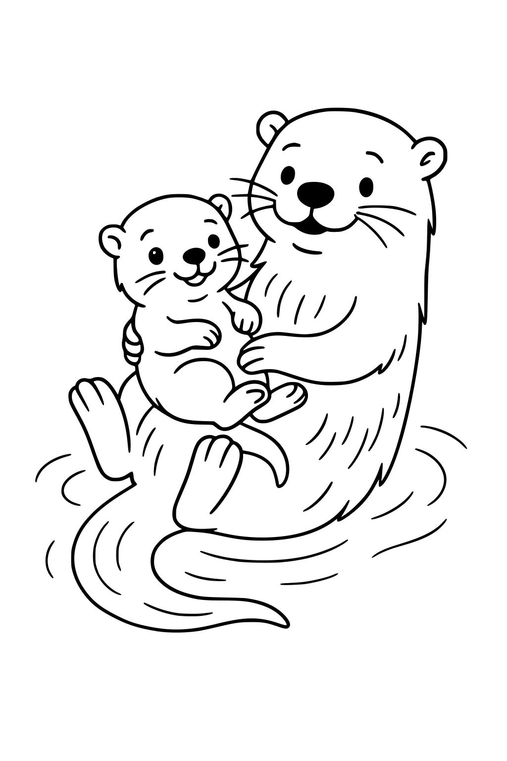 Mother otter holding her baby otter on her belly, both smiling and floating in swirling water.