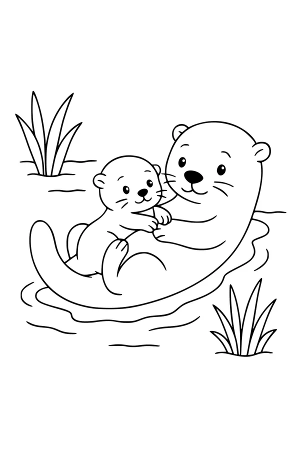 Free Otter Coloring Page - Mother Otter Hugging Baby in Pond (Printable PDF)