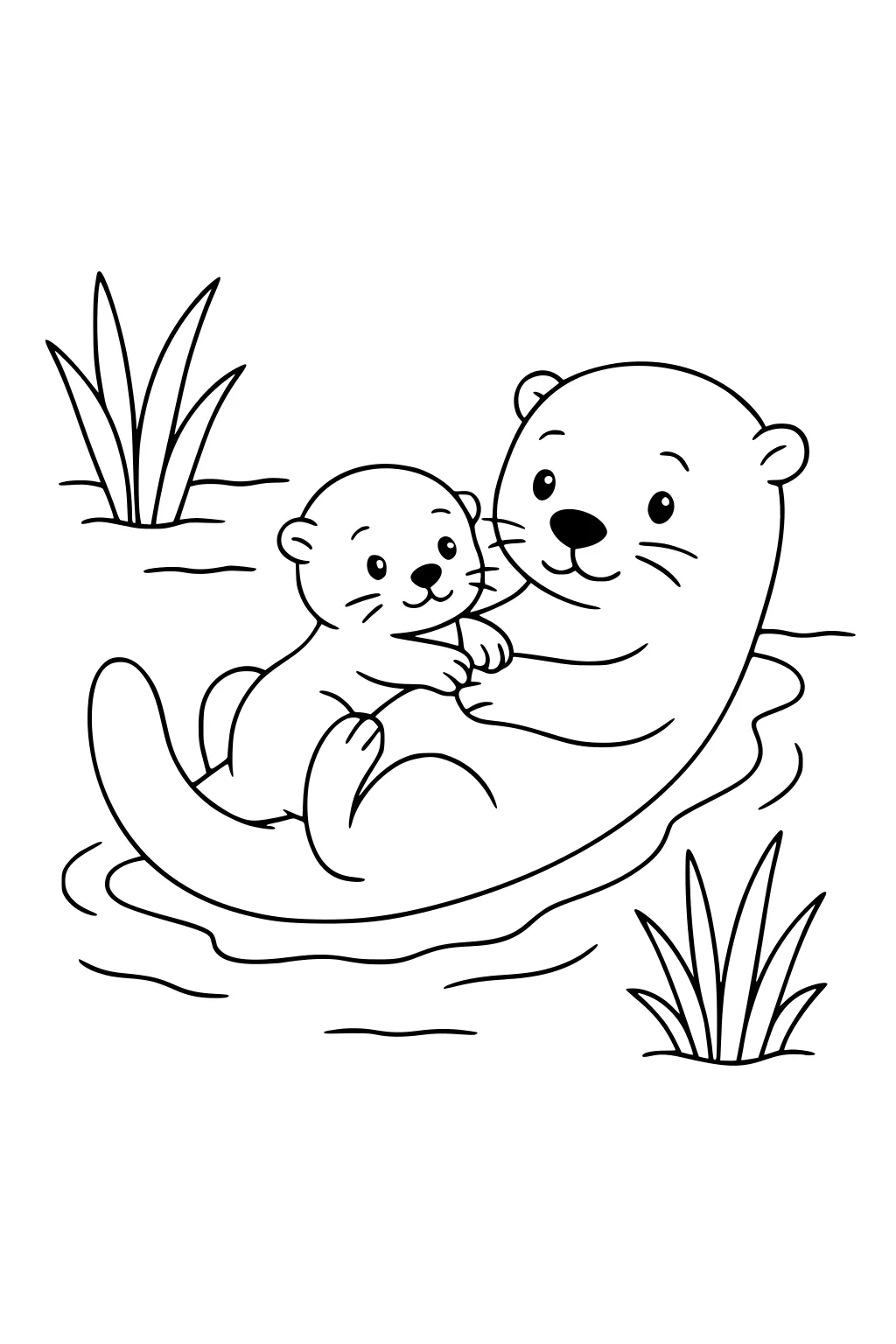 Mother otter holding baby otter on her belly while floating in a pond, with grass on the shore.