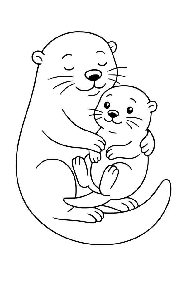 Free Otter Coloring Page - Mother Otter Hugging Baby (Printable PDF)