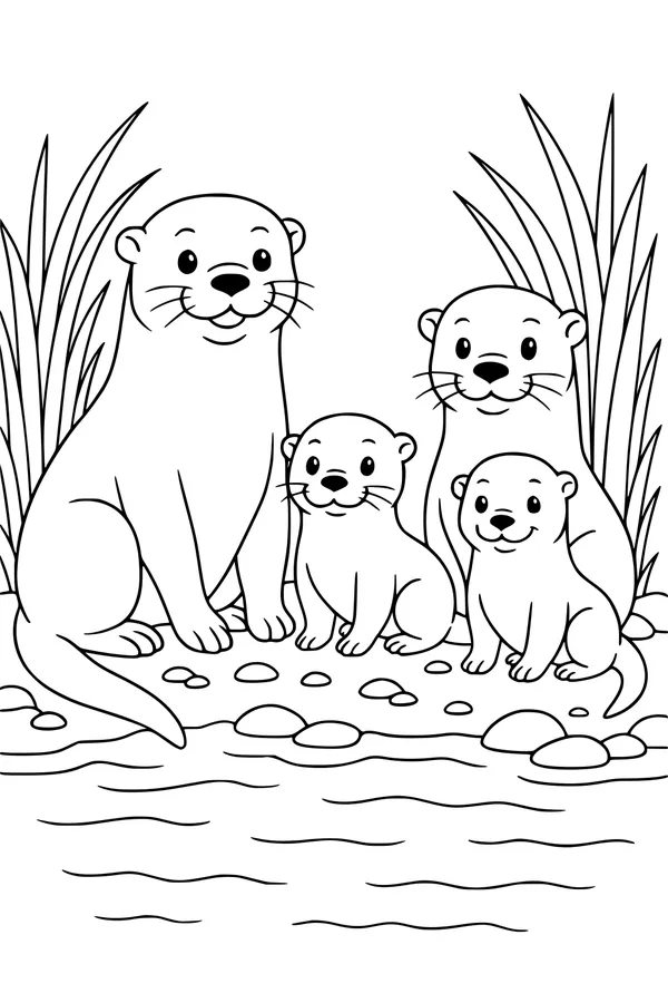 Free Otter Coloring Page - Cute Riverbank Family Gathering (Printable PDF)