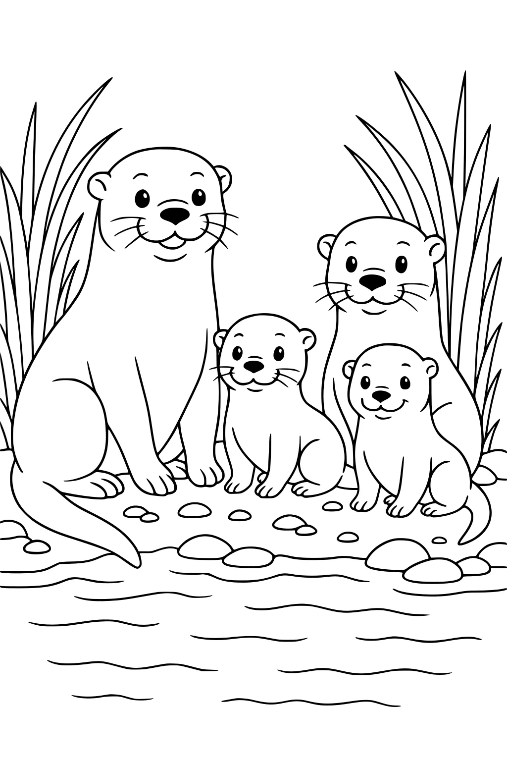 Otter family with two adults and two pups sitting by a river, surrounded by tall grass and stones.