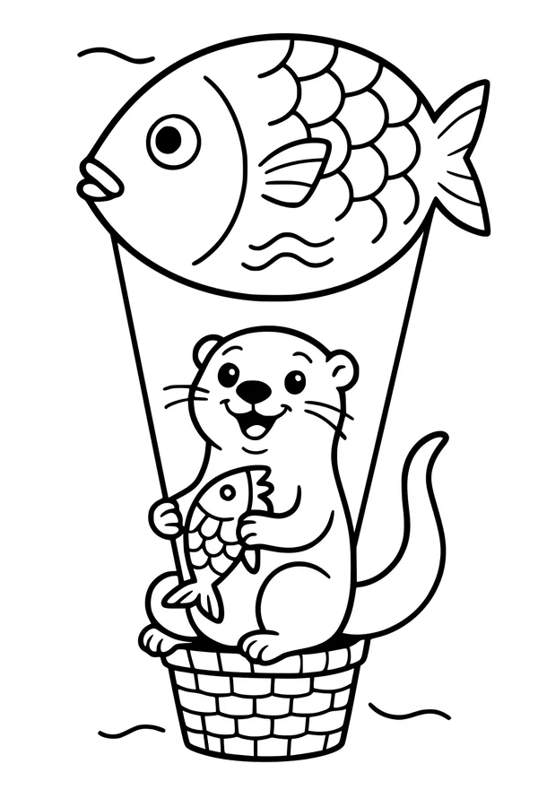 Free Otter Coloring Page - Big Fish Balloon Ride (Printable PDF)
