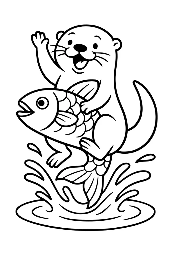Free Otter Coloring Page - Smiling Otter Riding a Fish (Printable PDF)