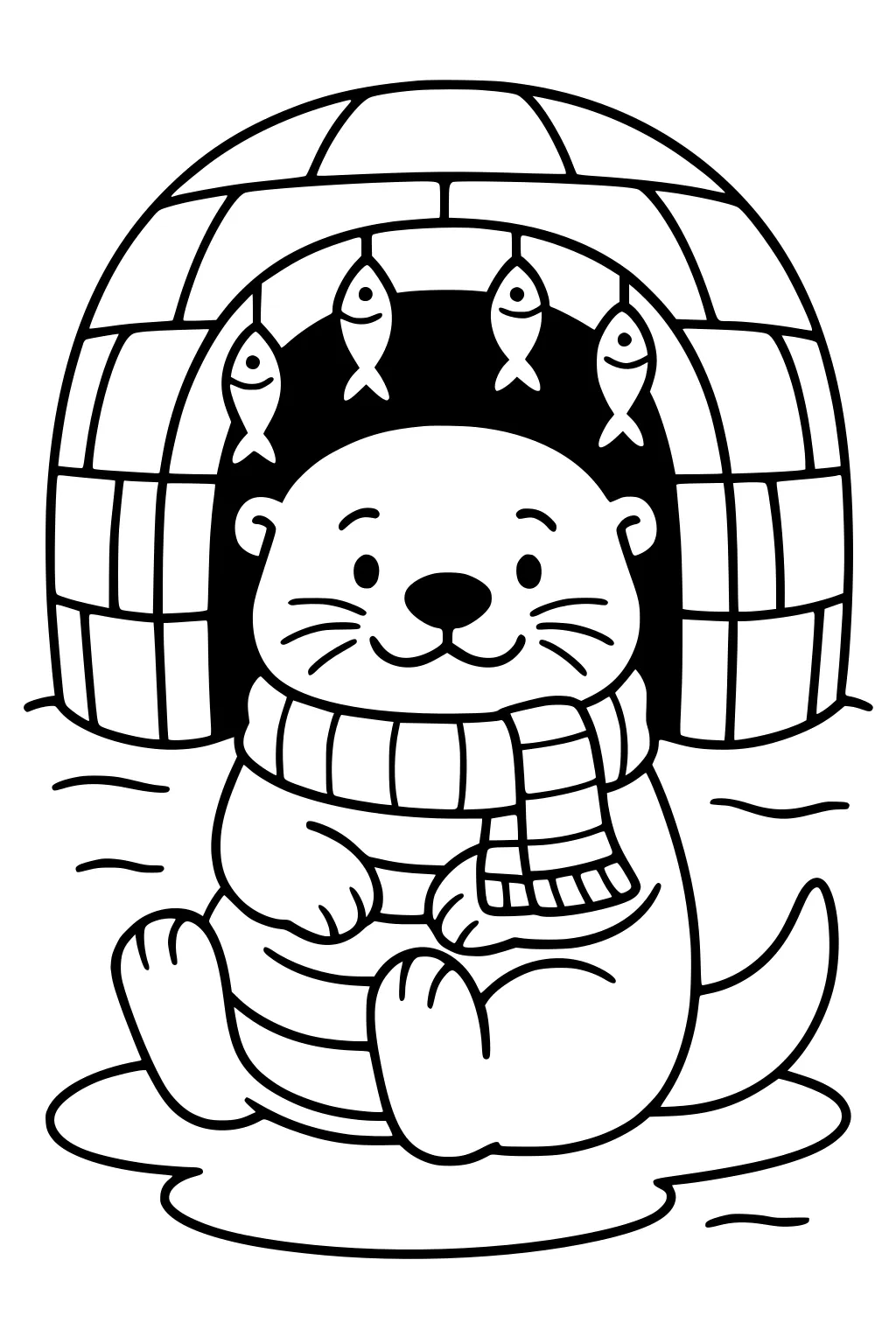 Otter with striped scarf sitting by igloo entrance, four fish hanging above. Ice and water details surround the otter.