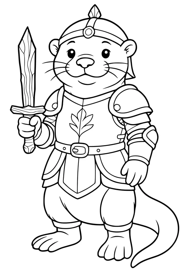 Free Otter Coloring Page - Brave Knight With Wooden Sword (Printable PDF)