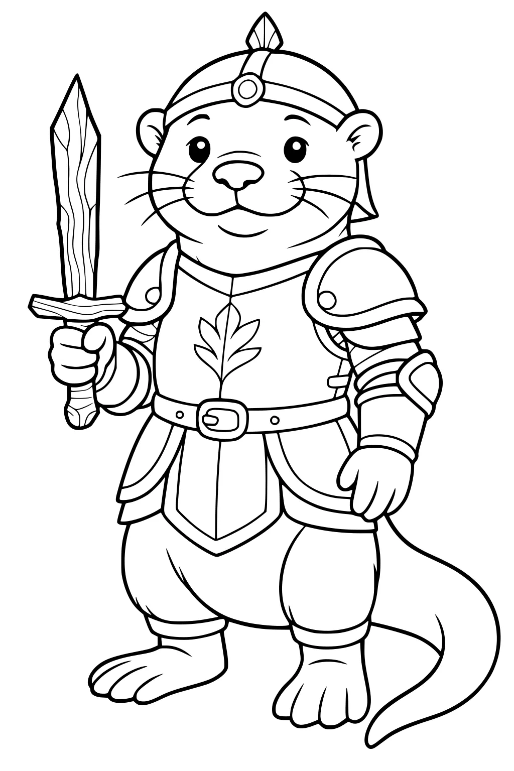 Otter in knight armor holding a sword, standing upright with a helmet and plated gloves, tail curled behind.