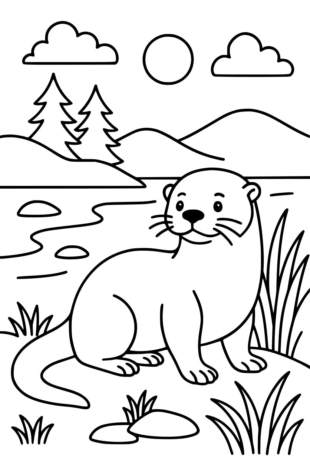 Otter sitting on a riverbank with grass, rocks, flowing water, pine trees, hills, sun, and clouds in the scene.