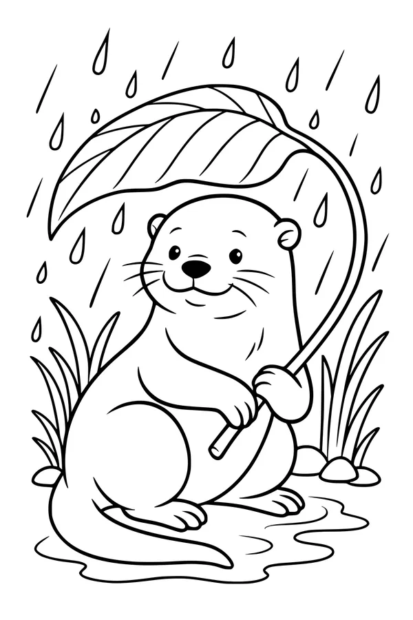 Free Otter Coloring Page - Cute Otter With Leaf Umbrella in the Rain (Printable PDF)